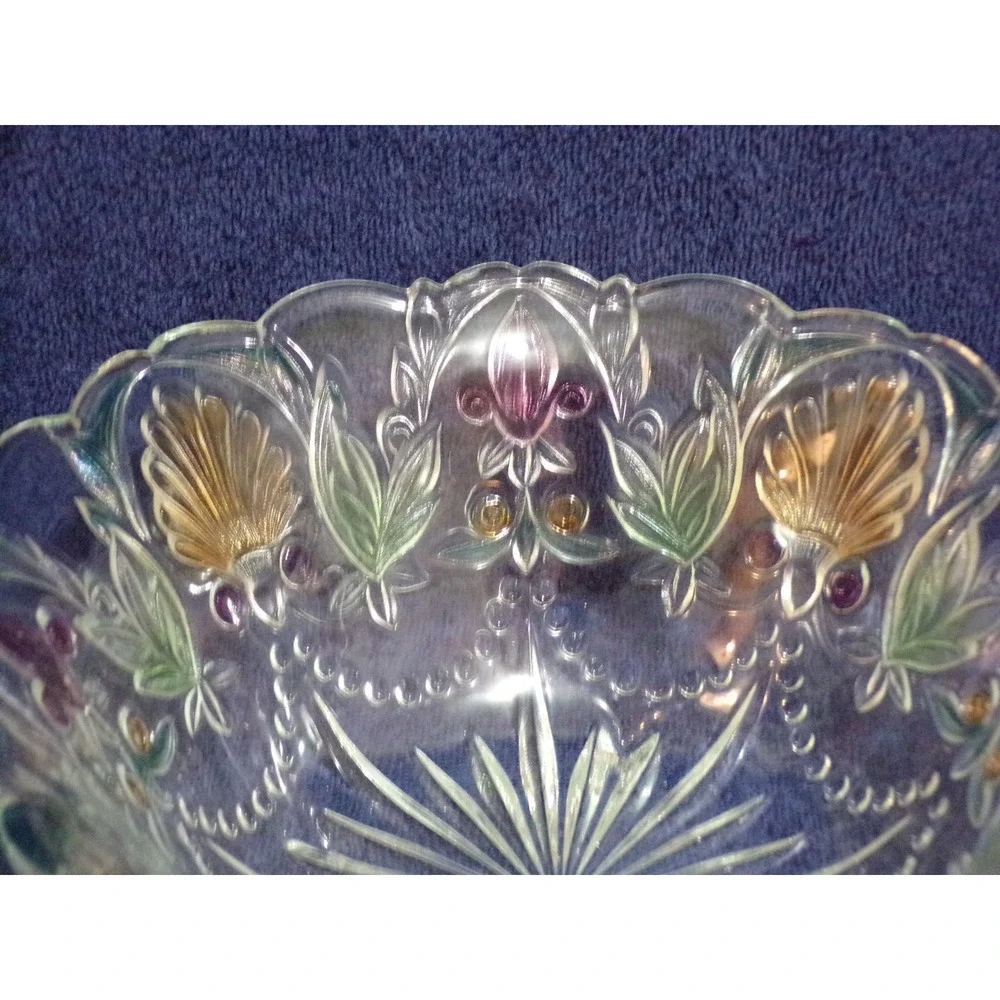 Vintage Pastel Floral Crystal‎ Cut Heavy Glass Flower Large Serving Bowl 10 3/4